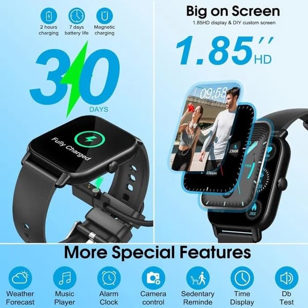 Smartwatch med Bluetooth-opkald, 1,85\" HD, 110+ sportstilstande, puls- og søvntracker