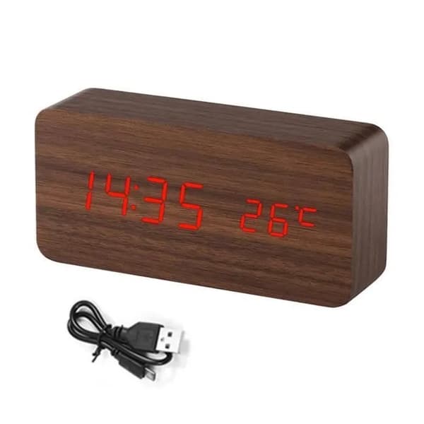 Väckarklocka i trä med röststyrning och LED-display, termometer, för vardagsrum eller kontor