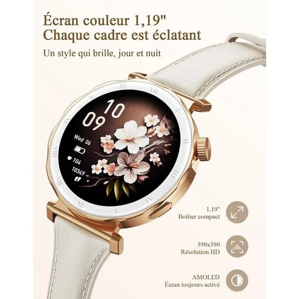 Dame Smartwatch 1.19\" AMOLED, Slank Læderrem, Skridttæller, Puls, Søvnovervågning, IP68