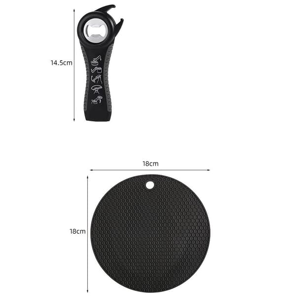 Multiåbnersæt, krukke-, flaske- og dåseåbner, ergonomisk, skridsikkert greb, sort grå
