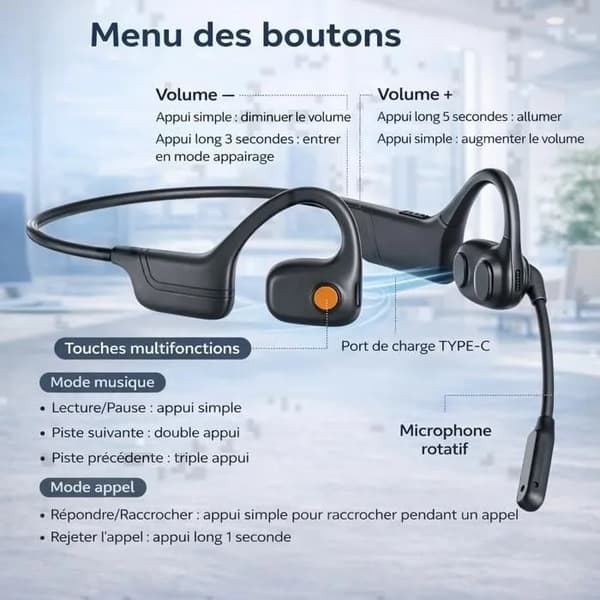 Bluetooth Bone Conduction Hovedtelefoner, Støjreducerende Mikrofon, 10 Timers Batteri, Sort