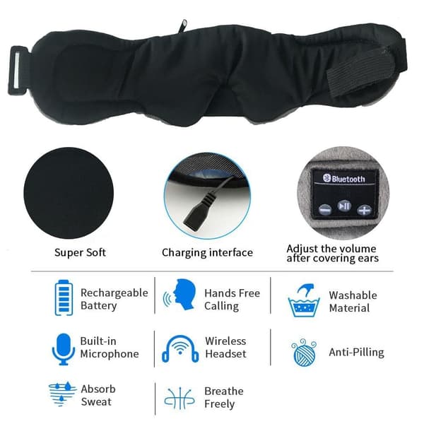 Bluetooth Sovemaske med Hovedtelefoner, Sort, Trådløs 5.0, Justerbar, Vaskbar