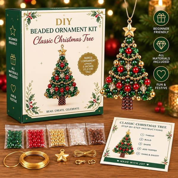 DIY-kit för julgransprydnad med pärlor, set B med träpärlor, handgjort julpyssel