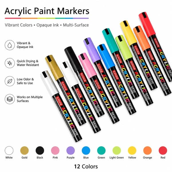 Akrylfärgpennor, 12-pack, Vattentäta, 4 mm spets, för sten, trä, glas, duk