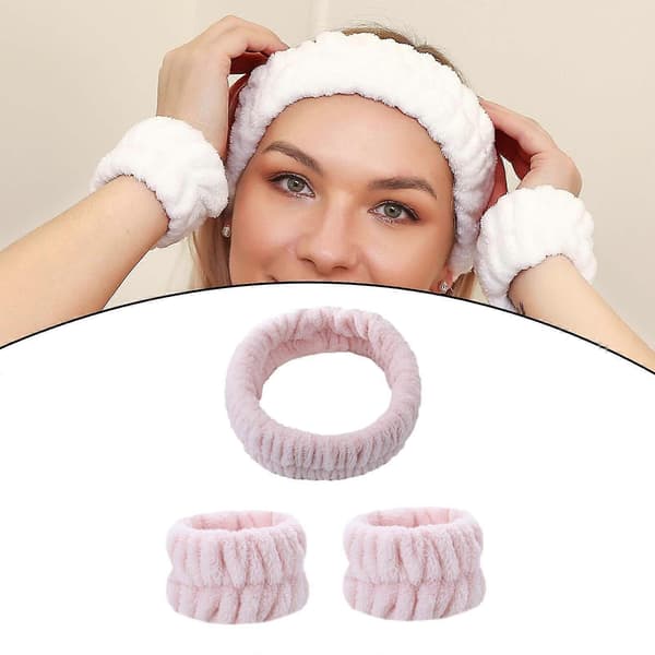 Gjenbrukbart Spa Hodebånd Håndleddsvaskebånd Ansiktsvask Sett Inkluderer 1 Mikrofiber Light Pink