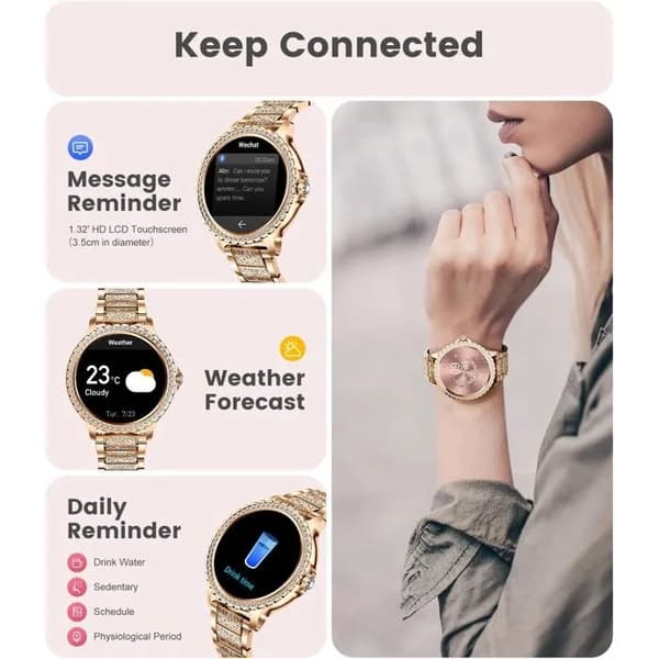 1,32\" HD Smartwatch, Roséguld, Rostfritt Stål & Silikon, 30 Dagars Batteritid, Dam