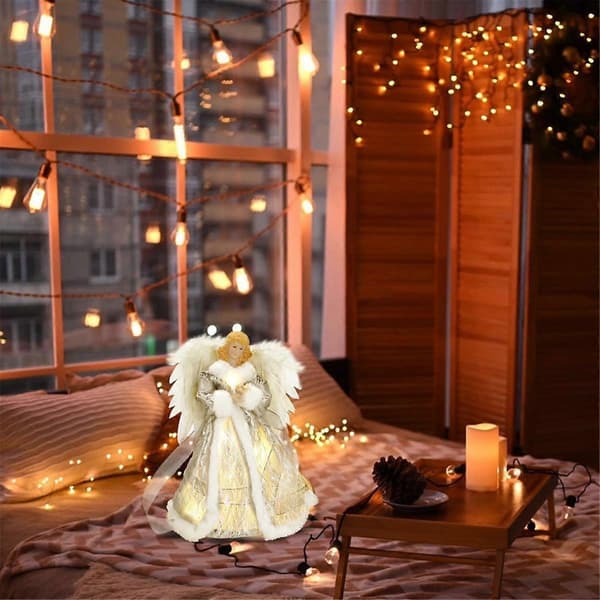 Engel Jul med Lys & Forlenget Ledning, Søte LED-belyste Tretopper, A White