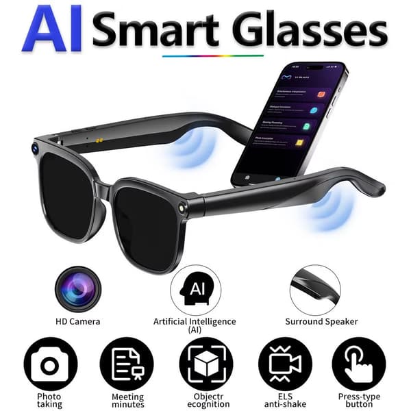 AI Smarte Briller med Realtidsoversættelse, Bluetooth Musik, Stemmeassistent, Telefonopkald