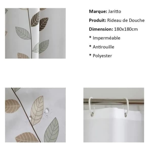 Vandtæt badeforhæng 180x180 cm, 12 rustfri kroge, moderne bladmønster, polyester