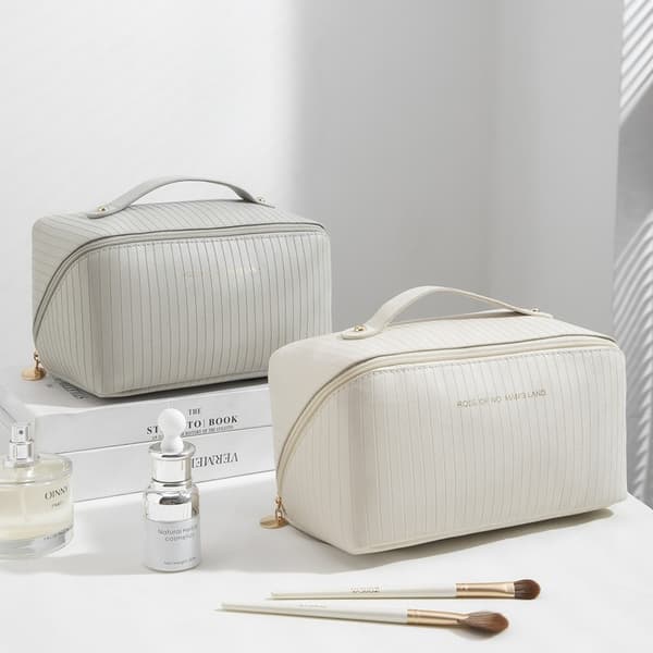 Beige Kosmetiktaske, Stor Kapacitet PU Læder Rejse Makeup Organizer