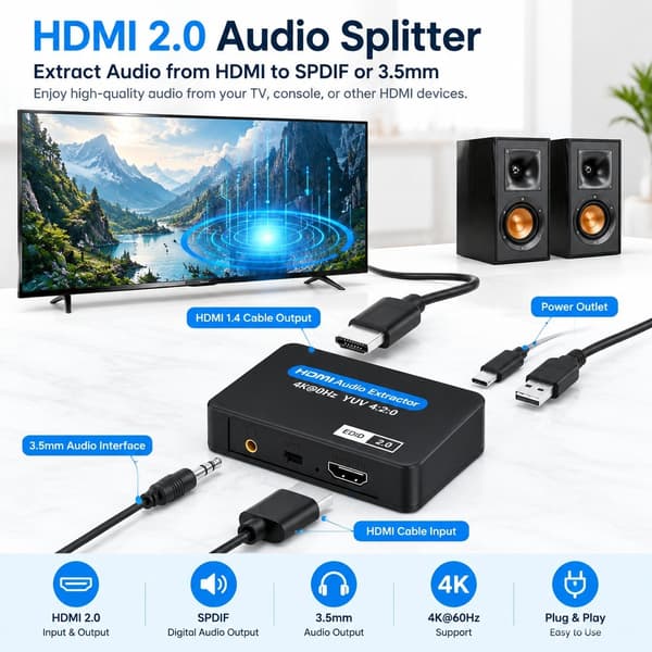 HDMI 2.0 ljudsplitter, SPDIF 3,5 mm optisk, 4K digital ljudkonverterare