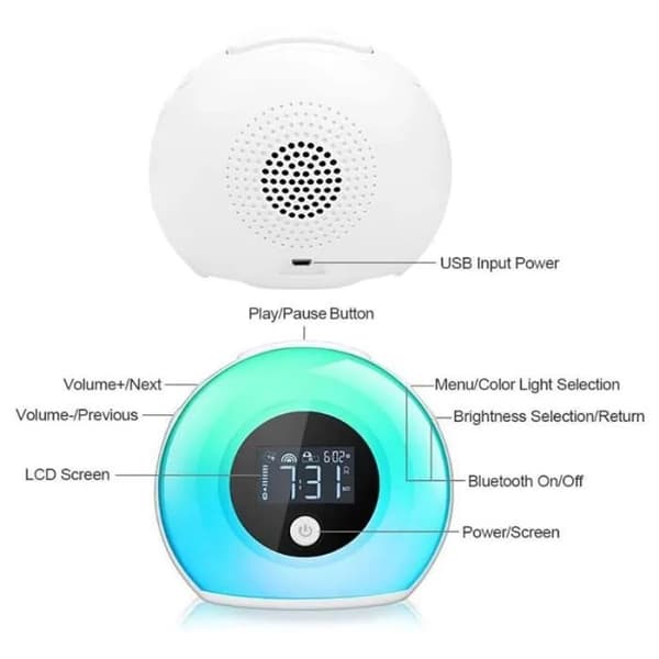 Bluetooth-kaiutin yövalolla, herätyskellolla, säädettävällä kirkkaudella ja väritiloilla