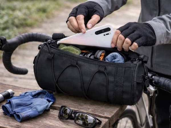 Cykelstyrstaske, Sort, Vandafvisende Polyester, Opbevaring til Telefon og Pung, Justerbar Rem