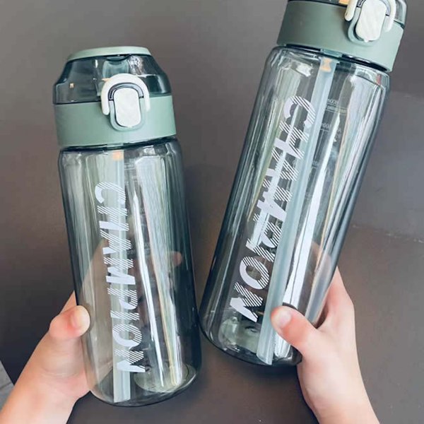 650ML/800ML Vattenflaska med Sugrör och Tryck, Snygg Bärbar Sportflaska för Inomhus och Utomhusbruk, Svart Black 800ml