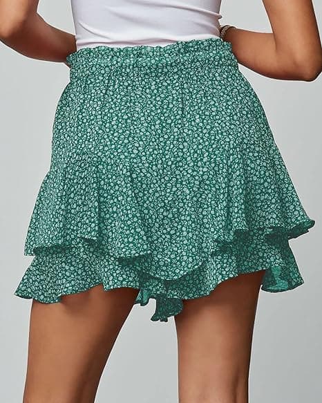 Flagrende shorts til kvinder afslappede boho blomsternederdele flæse miniskørter sommerfugleshorts grøn green L