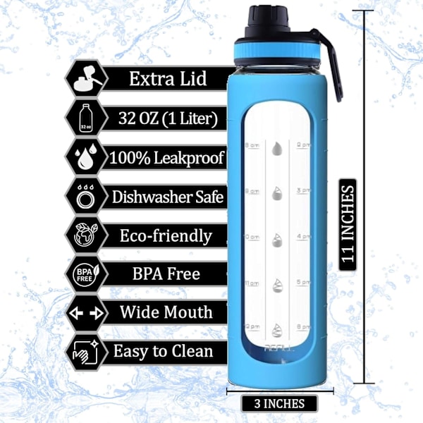 946 ml:n lasipullo vesimäärän muistutusmerkeillä Blue