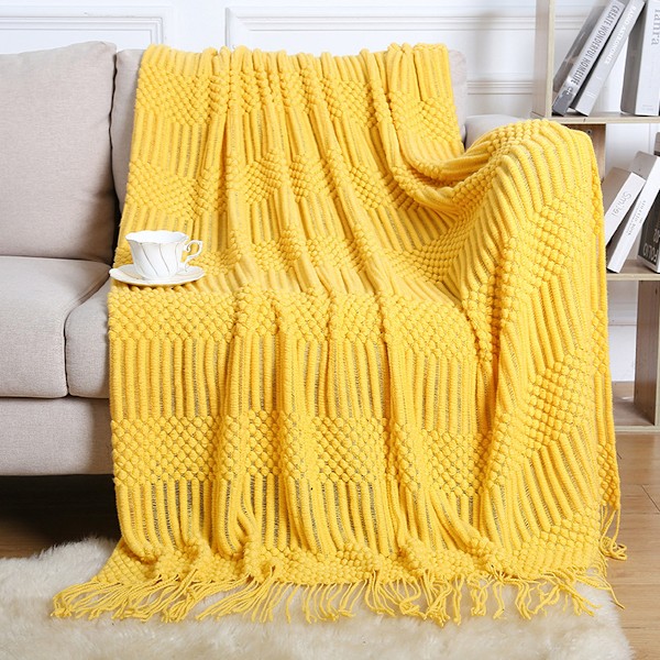 Kastfilt för soffa, hösttexturerad stickad filt med fransar, mysig vävd boho-sängfilt för soffa, säng, stol, akryl vågmönster 127x152 cm yellow