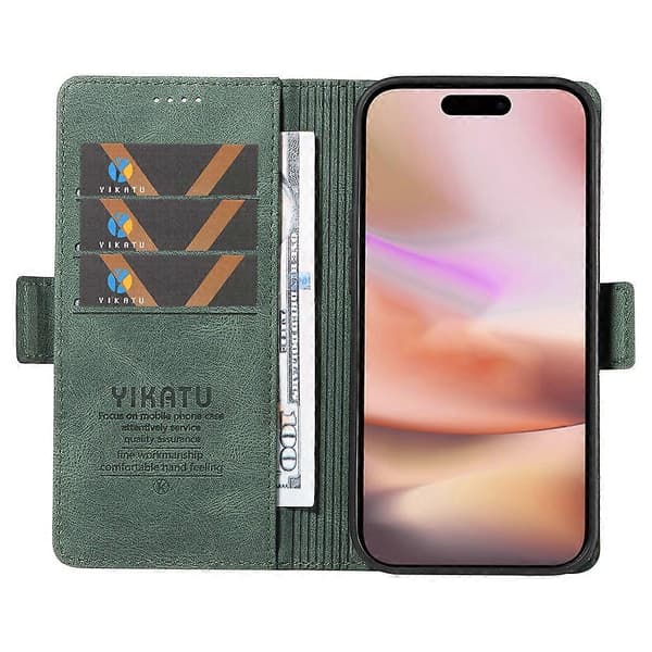 Kompatibel med iPhone 16 Plus Plånboksfodral Läder Telefonfodral - WELLNGS Green