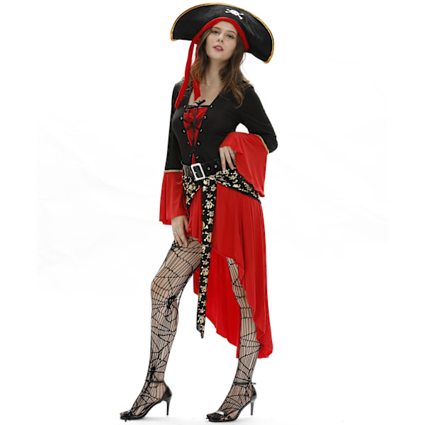 Piratdräkt i Mjölksiden Uniformtyg S-3XL för Halloween Cosplay Kvinnor röd with socks L