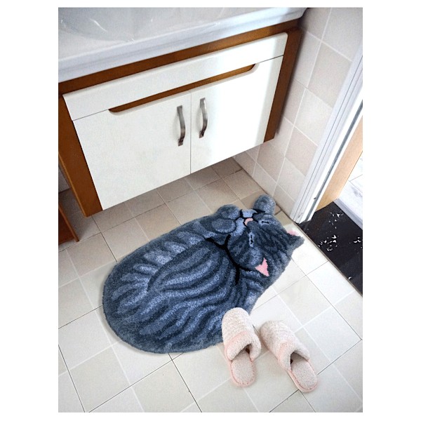 Kattemåtte, dørmåtte med sovende stribet kat design grå grey 60*32CM