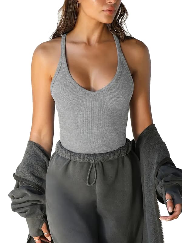 Dam V-ringad Linne, Slim Ribbad Slim Fit Topp Grå Grey M