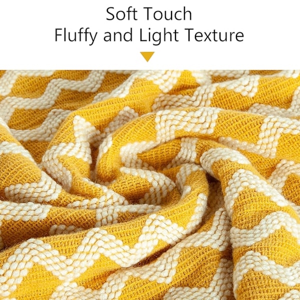 Akrylstickad Filt, Lätt och Mjuk Mysig Dekorativ Vävd Filt med Fransar för Resor, Soffa, Säng, Soffa, 130x170 cm curcuma