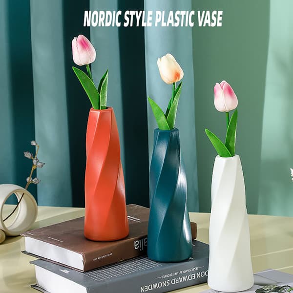 Plastvase, imiteret keramisk urtepotte, bordarrangement, mørkeblå