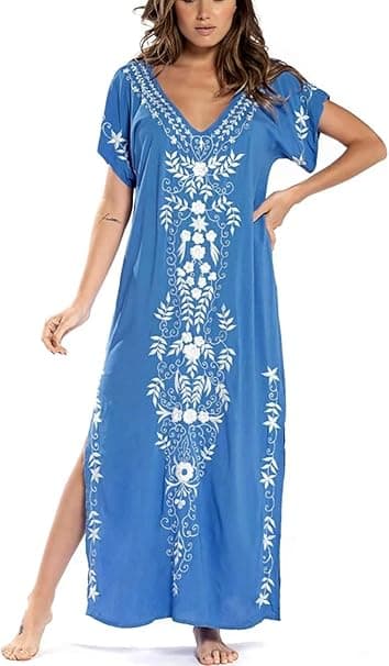 Broderet kortærmet bikinitop til kvinder med sideslids, strandkaftankjole