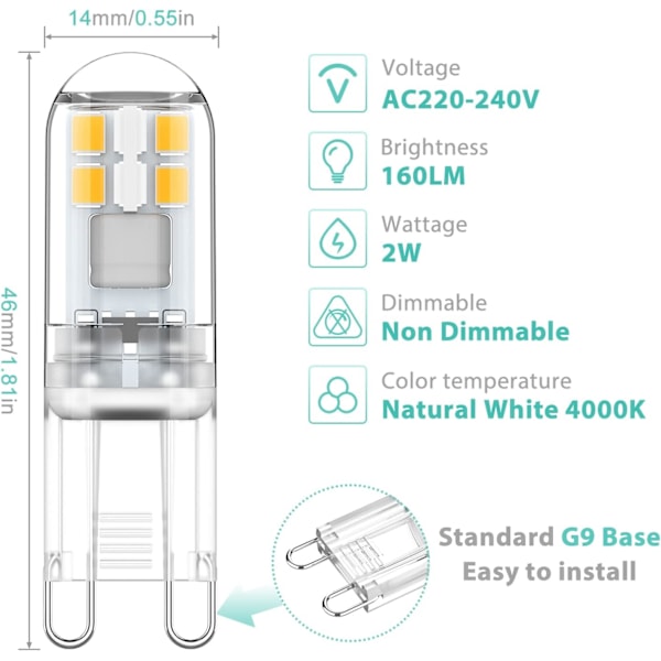 G9 LED-lampor 1,5W motsvarande 20W halogen, naturligt vitt ljus 4000K, AC 220-240V, ej dimbar, mini-lampa, flimmerfri, 6-pack YY