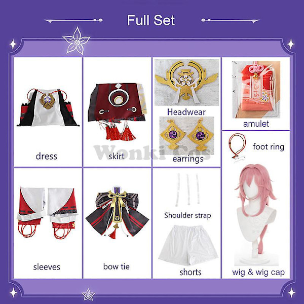 Genshin Impact Yae Miko Cosplay Kostyme for Kvinner Rosa Langt Hår Parykk Genshin Cosplay Kostymer Yae Miko Amulet Fullt Sett S