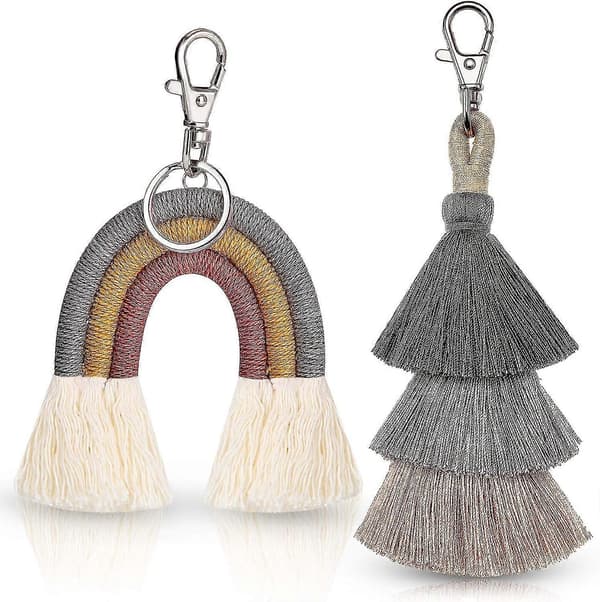 2 delar Boho Regnbågsnyckelringar Pom Pom Frans Makramé Nyckelringar för Kvinnor Flickor