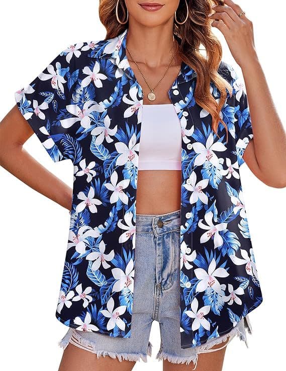 Hawaiiskjorte for kvinner, kortarmet blå Blue XL