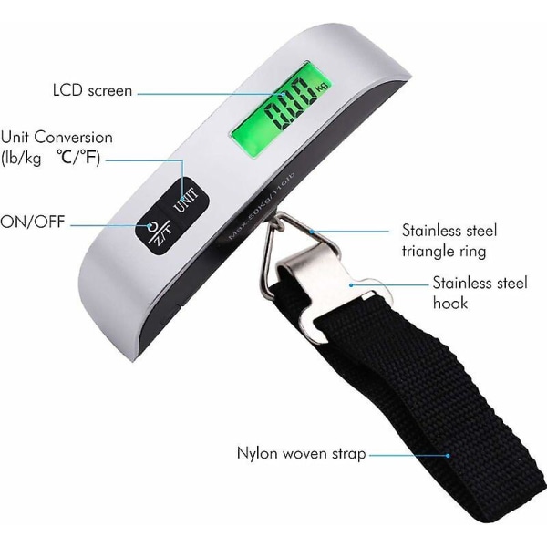 Digitalvekt med temperatursensor og hengende vogn for bagasje, reise, fritid og hjem 13 x 3 cm (50 kg, 110 lb) Sølv