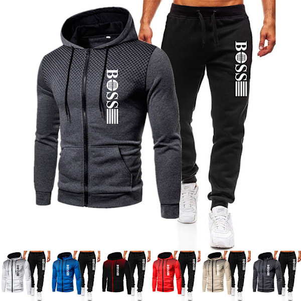 Herr \"Boss\" Tryckt Träningsset Dragkedja Hoodie Jacka Joggingbyxor Sportkläder Outfit Träningskläder M-3XL Khaki-Svart Khaki-Black M