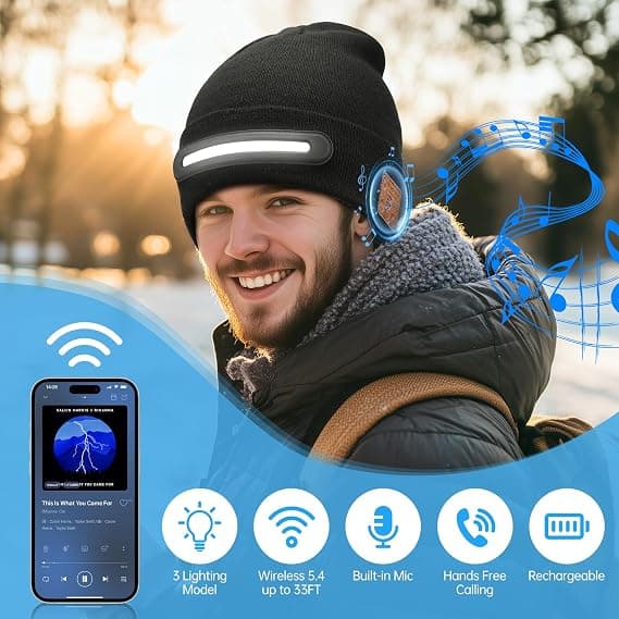 Lue med lampe og Bluetooth-hodetelefoner, oppladbar hodelyktlue, gaver til menn og kvinner Blue
