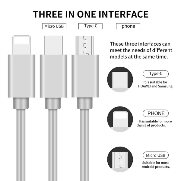 Inntrekkbar 3 i 1 Multi USB-laderkabel for mobiltelefoner og nettbrett