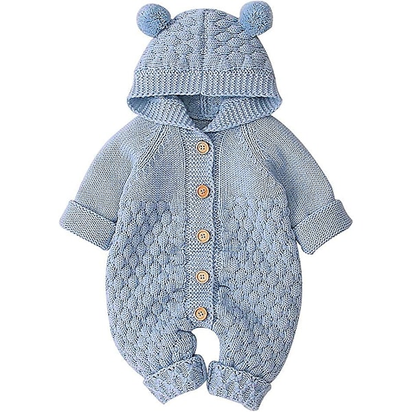 Baby Strikket Romper Jumpsuit Med Hætte Vintervarmer Blue 90cm