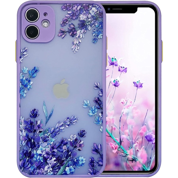Söt skyddande phone case för kvinnor, tjejer, mjuk silikon, lila stötfångare, matt hård pc-baksida med estetiskt blommönster, cover för Iphone 11 - Lila La