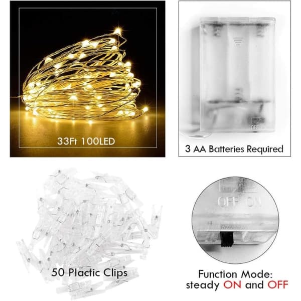 Fotoklips med lyskæde, 10 meter 100 LED-fe lys med clips til billeder