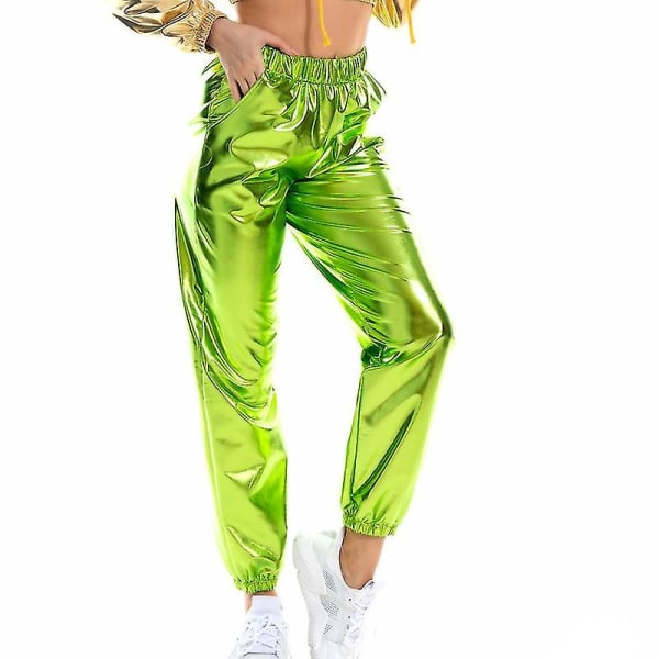 Kvinnor byxor med hög midja Casual Summer Loungewear Metallic Bottoms Green XL