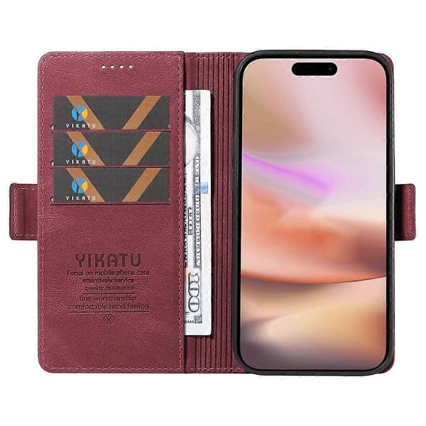 Kompatibel med iPhone 16 Plus Plånboksfodral Läder Telefonfodral - WELLNGS Wine Red