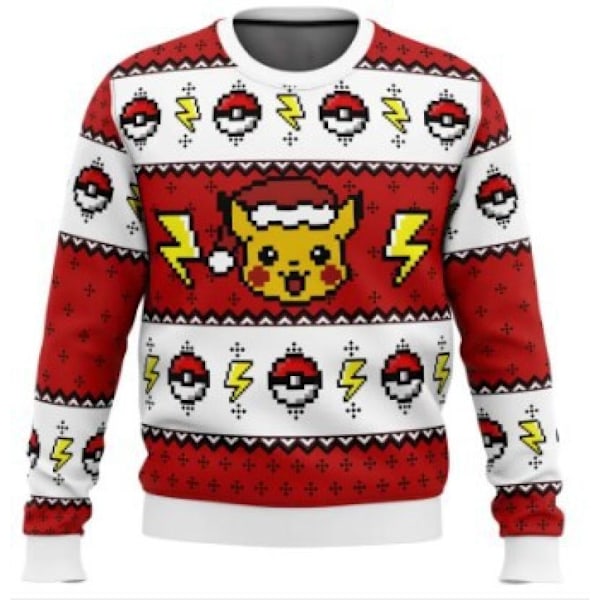 Pikachu rød og hvit stripete stygg julegenser Pullover Menn 3D Gensere Topper L Pikachu