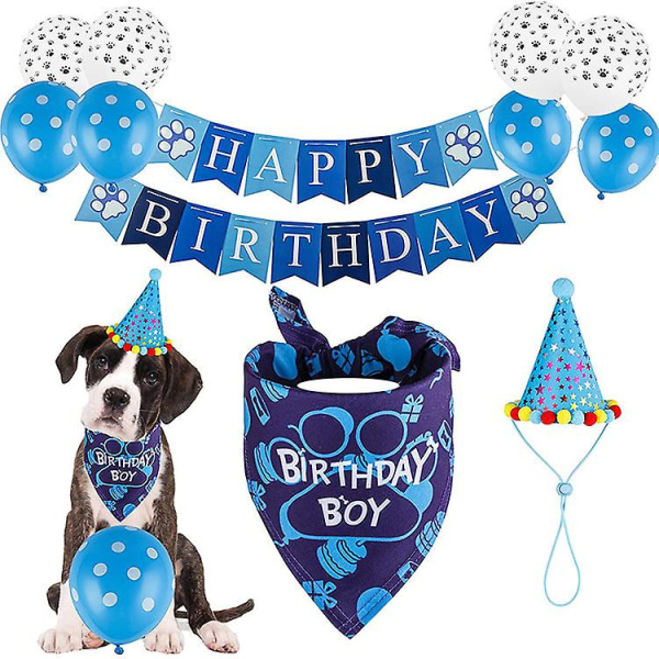 Tillbehör för födelsedagsfest för hund (set med 11), turbanleksak, banderoll, hatt, halsduk och ballong