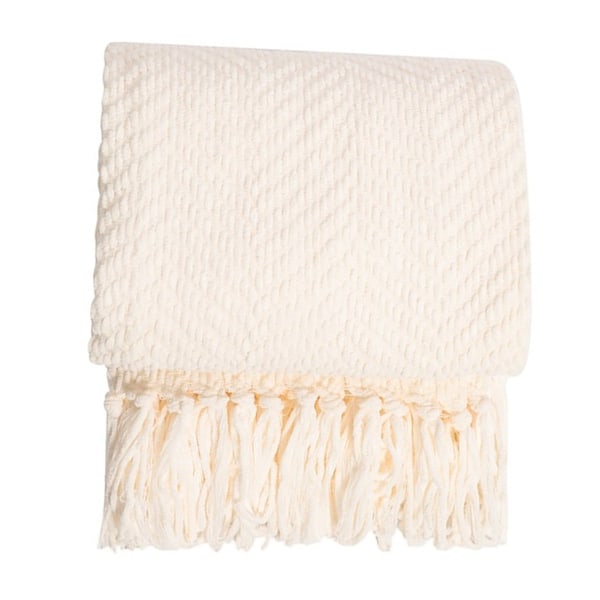 Texturerad Stickad Pläd med Fransar - Mjuk, Mysig Filt för Soffa, Säng, Vardagsrum - 127 x 165 cm off-white