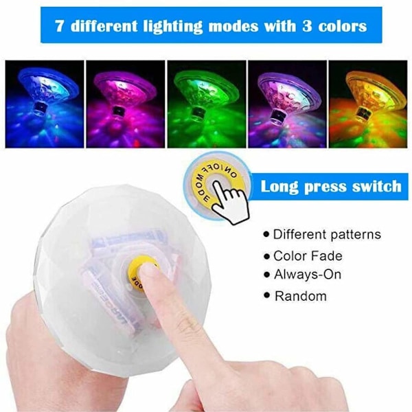Flytende LED-badlys for bassengdisco, dammer og badeleker, 7 moduser i ulike farger, batteridrevet