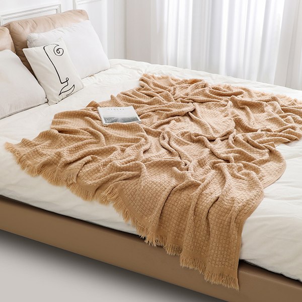 Kastfilt för soffan - Mysig stickad våffelfilt, liten lantlig lätt filt för hösten, kvinna, man, stol, soffa, heminredning camel