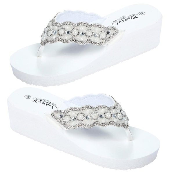 1 par halkfria strandskor Slipsole-skor Flops Pearl Diamond-skor för sommaren kvinnor bär (vit storlek 40 25.0cm, 8us, 5.5uk, 39eu, 9.825inch) White 8