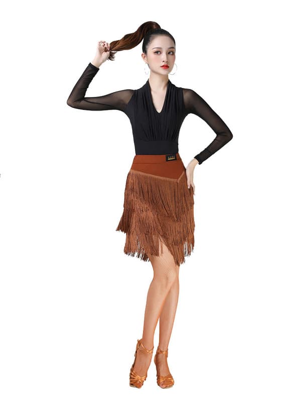 Damkjol med fransar för dans, latin, salsa, tango, ballroom Brun Brown S
