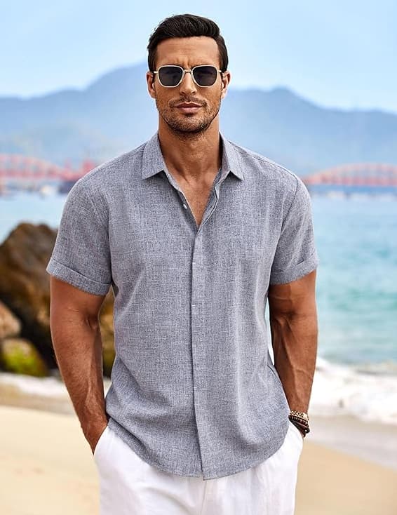 Hørskjorter til mænd Kortærmede afslappede skjorter Button Down skjorte til mænd Strand Sommer Stengrå Stone Grey S