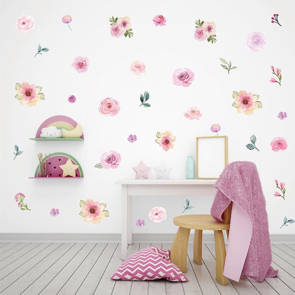 Akvarell rosa blommor väggdekor, för flickor sovrum bröllopsfest dekoration (120st färgglada blommor väggdekaler)